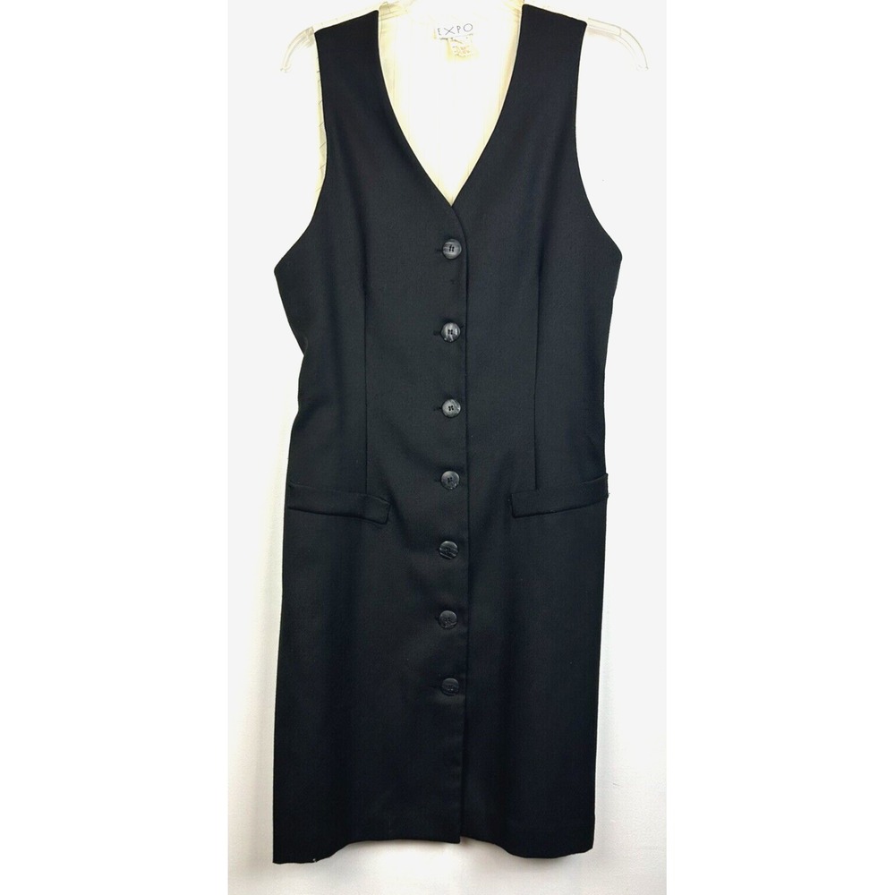 Vintage Dress Womens 12 Black Sleeveless Vest Look Button 80s USA Secretary